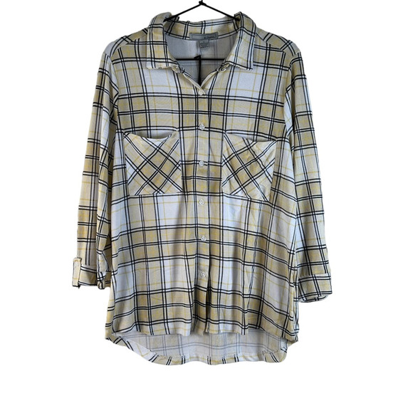 By Design Sweaters - By Design Womens Shirt Flannel Yellow Plaid Long Sleeve Roll Tab Collar XL New